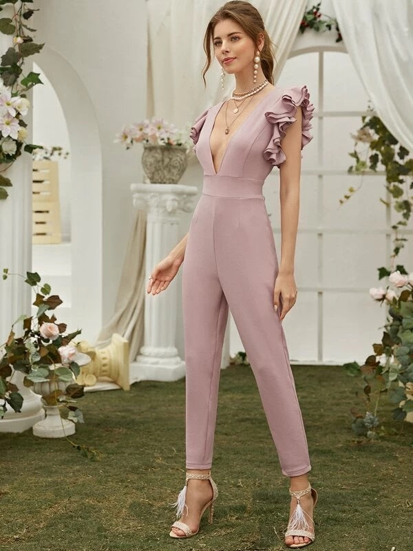 CM-JS223094 Women Elegant Seoul Style Sleeveless Deep V-Neck Ruffle Cuff Jumpsuit - Pink