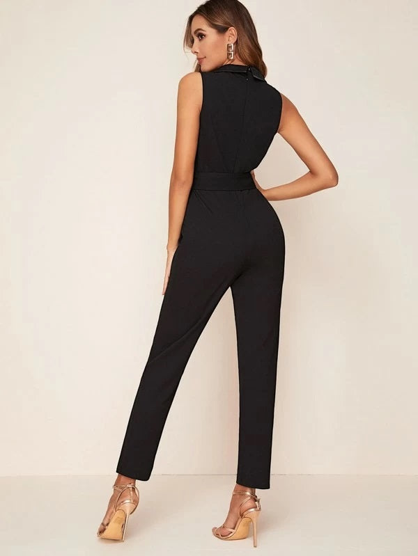 CM-JS221362 Women Elegant Seoul Style Notched Collar Belted Sleeveless Jumpsuit - Black