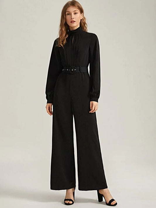 CM-JS211912 Women Elegant Seoul Style Long Sleeve Pleated Front Belted Wide Leg Jumpsuit - Black