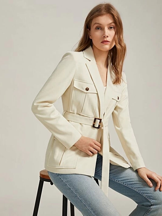 CM-CS111596 Women Elegant Seoul Style Long Sleeve Notched Collar Flap Pocket Belted Blazer - Beige