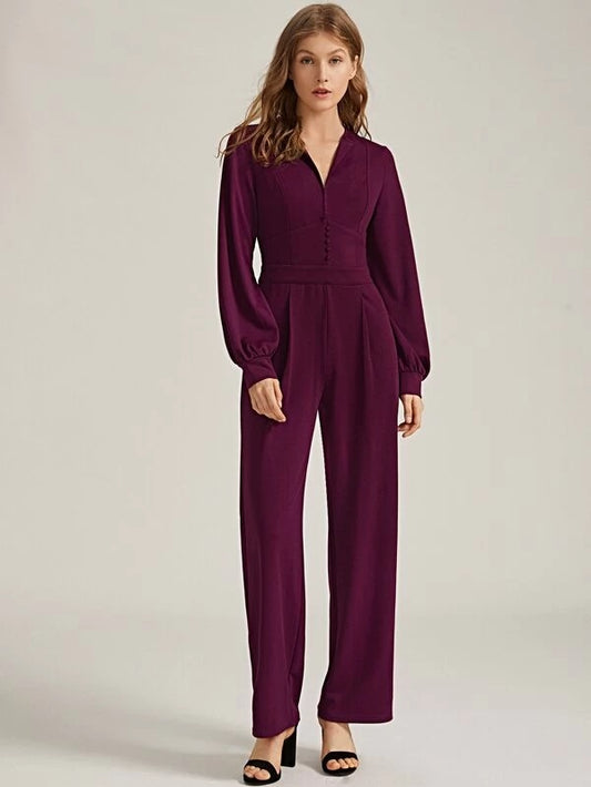 CM-JS127523 Women Elegant Seoul Style Notch Neck Button Detail Lantern Sleeve Jumpsuit - Purple