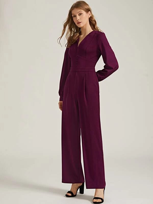 CM-JS127523 Women Elegant Seoul Style Notch Neck Button Detail Lantern Sleeve Jumpsuit - Purple