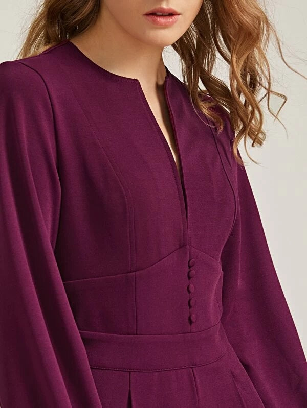 CM-JS127523 Women Elegant Seoul Style Notch Neck Button Detail Lantern Sleeve Jumpsuit - Purple