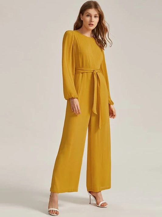 CM-JS121718 Women Elegant Seoul Style Lantern Sleeve Self Belted Wide Leg Jumpsuit - Yellow