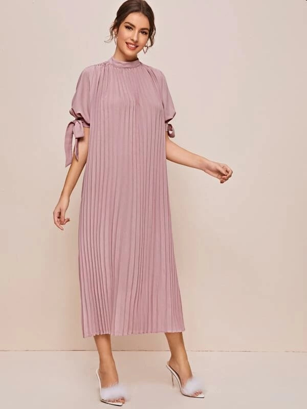 CM-DS218536 Women Elegant Seoul Style Stand Collar Mock-Neck Knot Cuff Pleated Dress - Pink