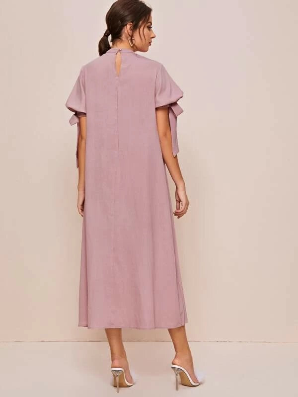 CM-DS218536 Women Elegant Seoul Style Stand Collar Mock-Neck Knot Cuff Pleated Dress - Pink