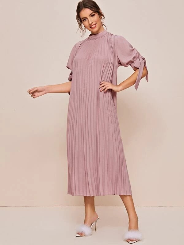 CM-DS218536 Women Elegant Seoul Style Stand Collar Mock-Neck Knot Cuff Pleated Dress - Pink