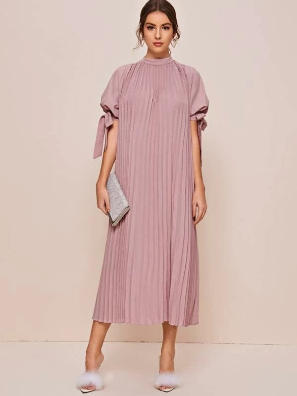 CM-DS218536 Women Elegant Seoul Style Stand Collar Mock-Neck Knot Cuff Pleated Dress - Pink