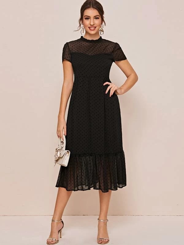 CM-DS224208 Women Elegant Seoul Style Short Sleeve Swiss Dot Ruffle Hem Dress - Black