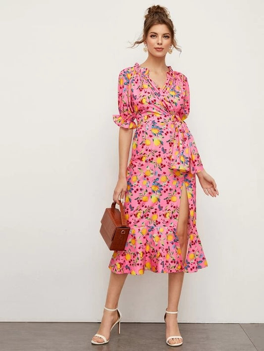 CM-DS224499 Women Bohemian Style Half Sleeve Fruit Print Self Tie Split Thigh Dress - Pink