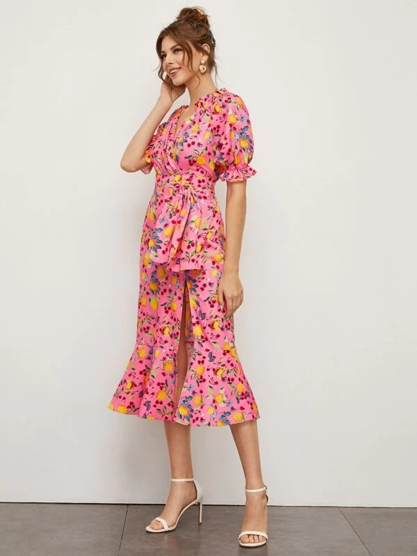 CM-DS224499 Women Bohemian Style Half Sleeve Fruit Print Self Tie Split Thigh Dress - Pink