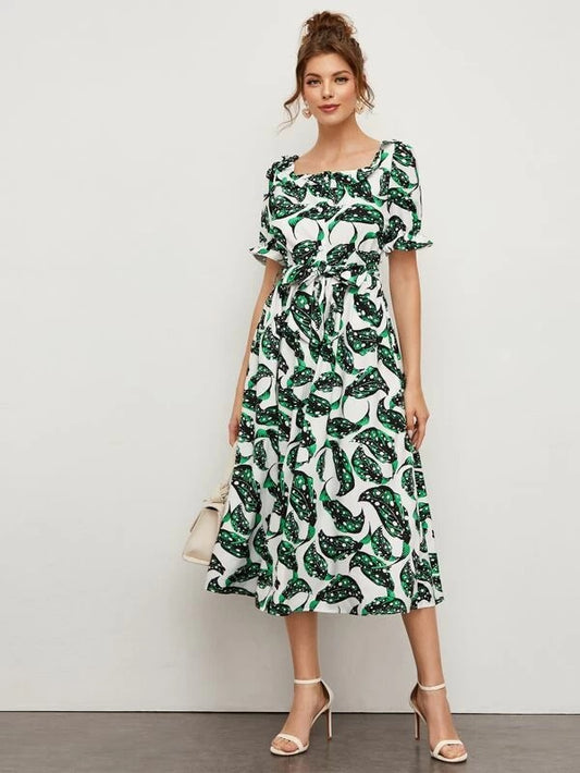 CM-DS224667 Women Casual Seoul Style Short Sleeve Square Neck Tropical Print Dress