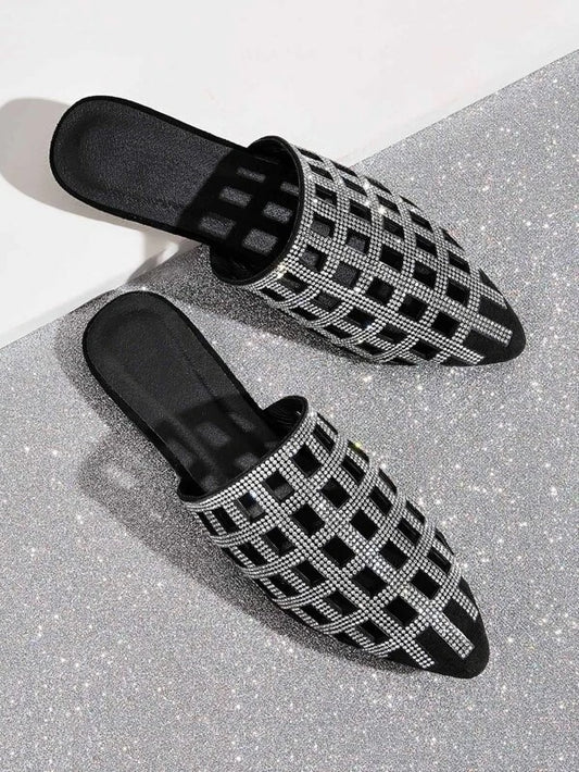 CM-SHS224464 Women Trendy Seoul Style Rhinestone Caged Point Toe Flat Mules