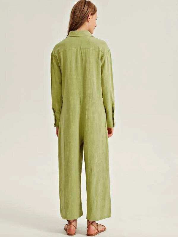 CM-JS209403 Women Casual Seoul Style Long Sleeve Solid Wide Leg Shirt Jumpsuit - Green