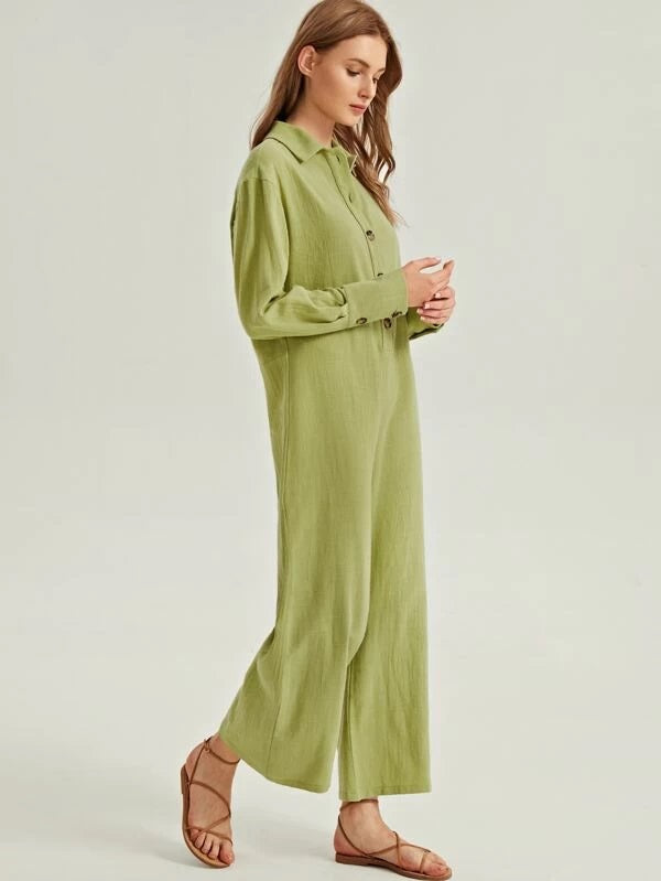 CM-JS209403 Women Casual Seoul Style Long Sleeve Solid Wide Leg Shirt Jumpsuit - Green