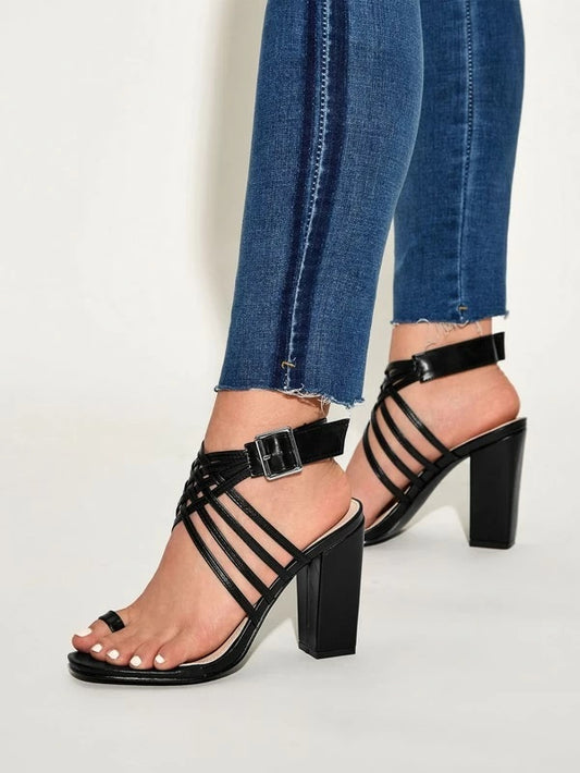 CM-SHS224636 Women Elegant Seoul Style Toe Ring Ankle Strap Chunky Heels - Black