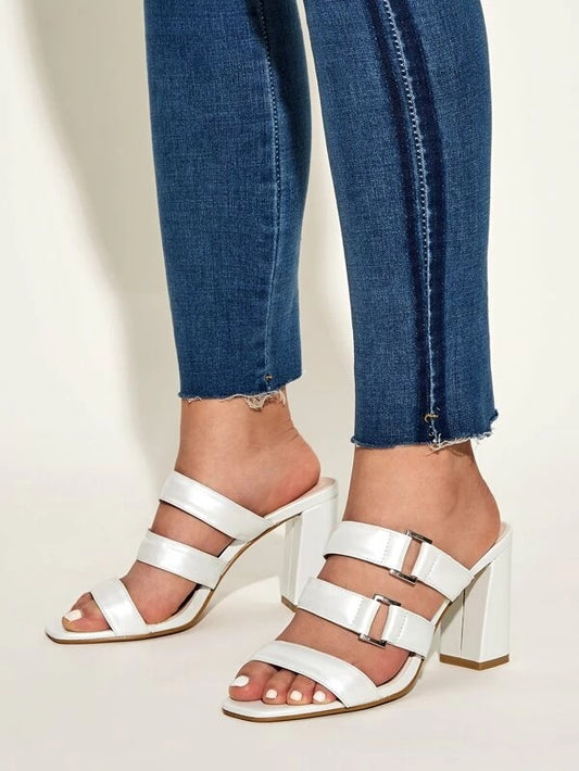 CM-SHS130061 Women Casual Seoul Style Open Toe Chunky Heeled Mules - White