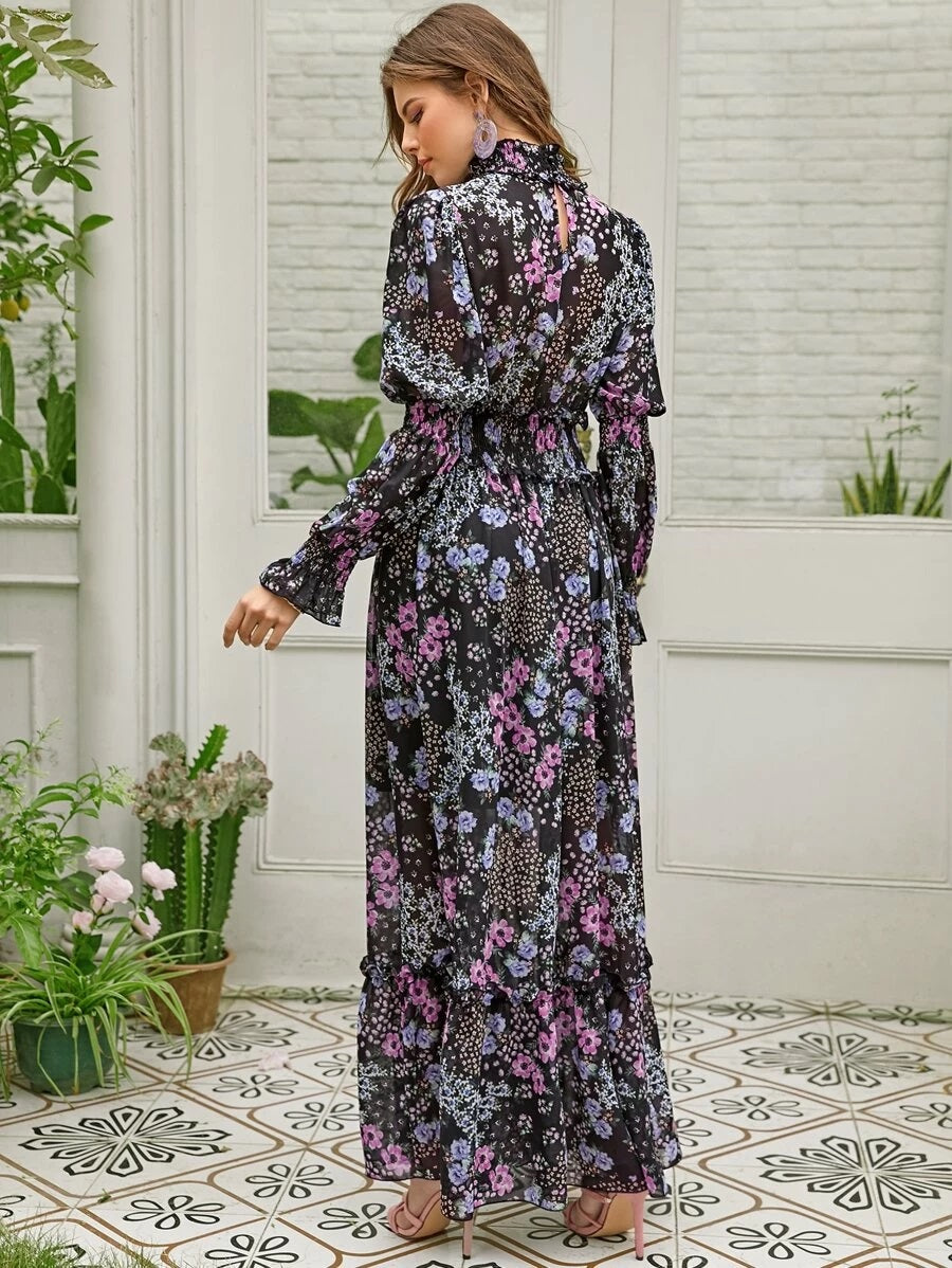 CM-ES115721 Women Elegant Seoul Style Shirred Neck Waist Floral Print Maxi Dress