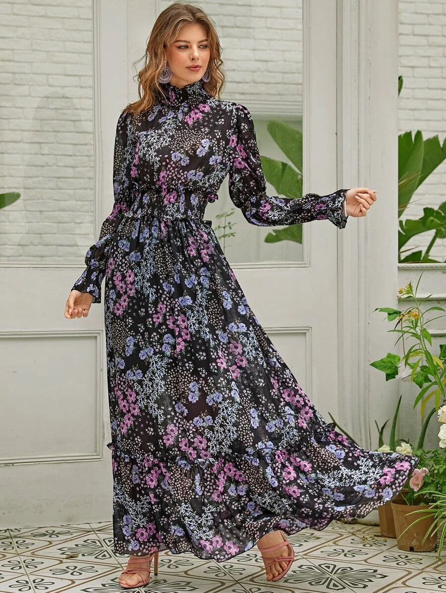 CM-ES115721 Women Elegant Seoul Style Shirred Neck Waist Floral Print Maxi Dress