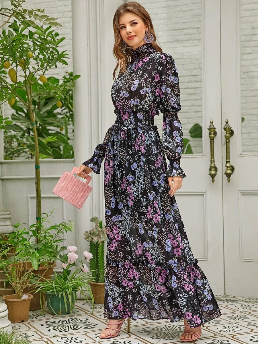 CM-ES115721 Women Elegant Seoul Style Shirred Neck Waist Floral Print Maxi Dress