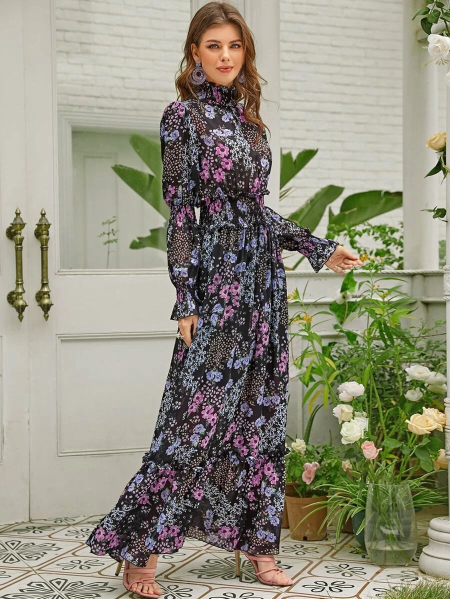 CM-ES115721 Women Elegant Seoul Style Shirred Neck Waist Floral Print Maxi Dress