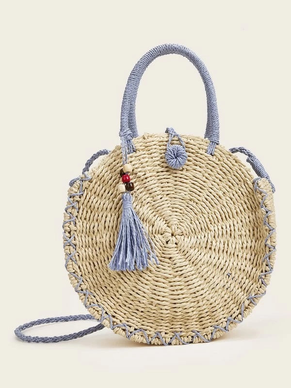 CM-BGS223650 Women Trendy Bohemian Style Tassel Decor Woven Satchel Bag - Khaki