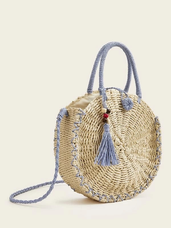 CM-BGS223650 Women Trendy Bohemian Style Tassel Decor Woven Satchel Bag - Khaki