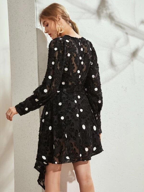 CM-DS224252 Women Casual Seoul Style Polka Dot Asymmetrical Hem Belted Frayed Dress - Black