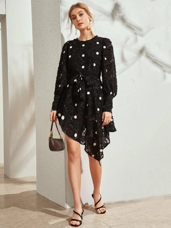 CM-DS224252 Women Casual Seoul Style Polka Dot Asymmetrical Hem Belted Frayed Dress - Black