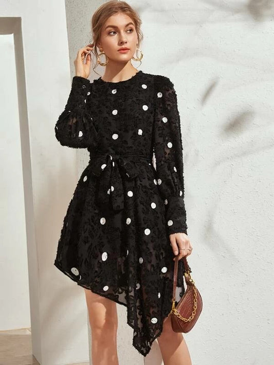 CM-DS224252 Women Casual Seoul Style Polka Dot Asymmetrical Hem Belted Frayed Dress - Black
