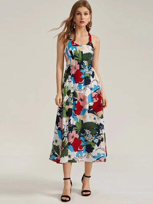 CM-DS225815 Women Bohemian Style Spaghetti Strap Floral Print Criss Cross Cami Dress