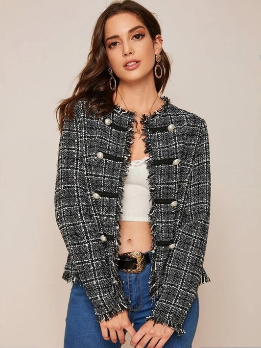 CM-CS126129 Women Elegant European Style Frayed Trim Double Breasted Tweed Jacket - Black