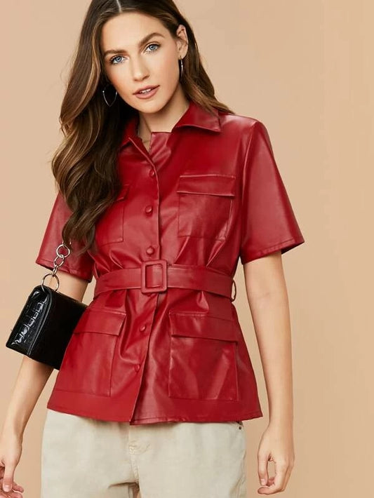CM-CS211295 Women Elegant Seoul Style Flap Pocket Front Faux Leather Belted Jacket - Red
