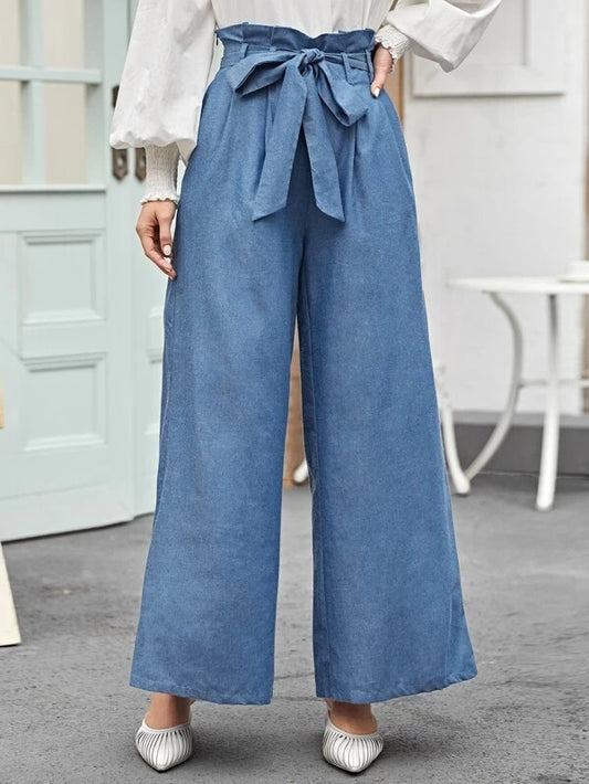 CM-BS202465 Women Elegant Seoul Style Paperbag Waist Wide Leg Long Pants - Blue