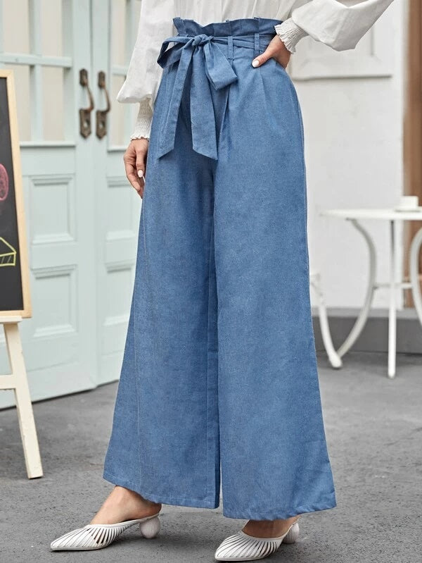CM-BS202465 Women Elegant Seoul Style Paperbag Waist Wide Leg Long Pants - Blue