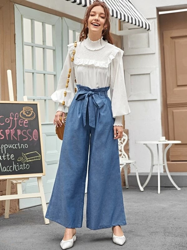 CM-BS202465 Women Elegant Seoul Style Paperbag Waist Wide Leg Long Pants - Blue