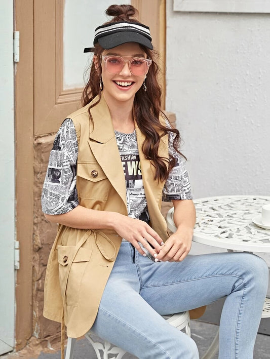 CM-CS130720 Women Casual Seoul Style Notched Collar Drawstring Waist Patch Pocket Vest - Khaki