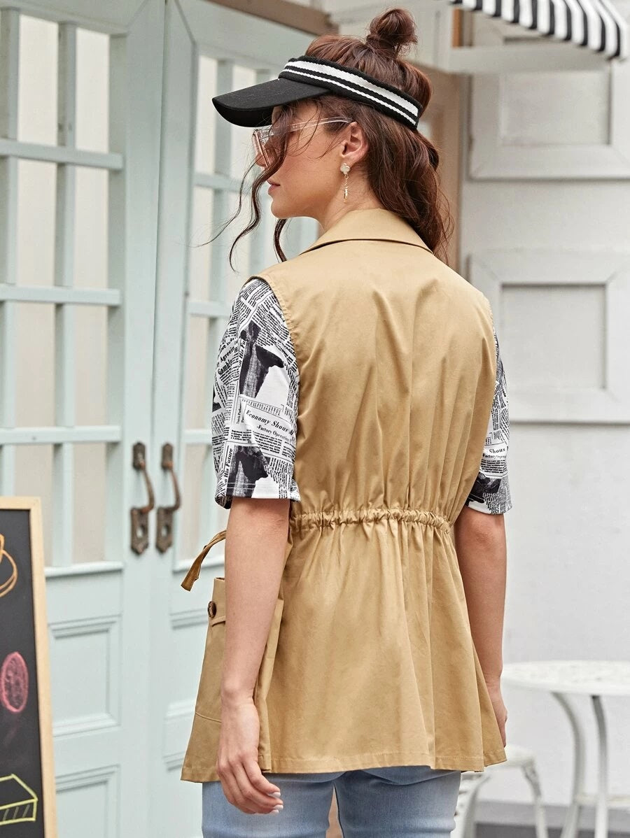 CM-CS130720 Women Casual Seoul Style Notched Collar Drawstring Waist Patch Pocket Vest - Khaki