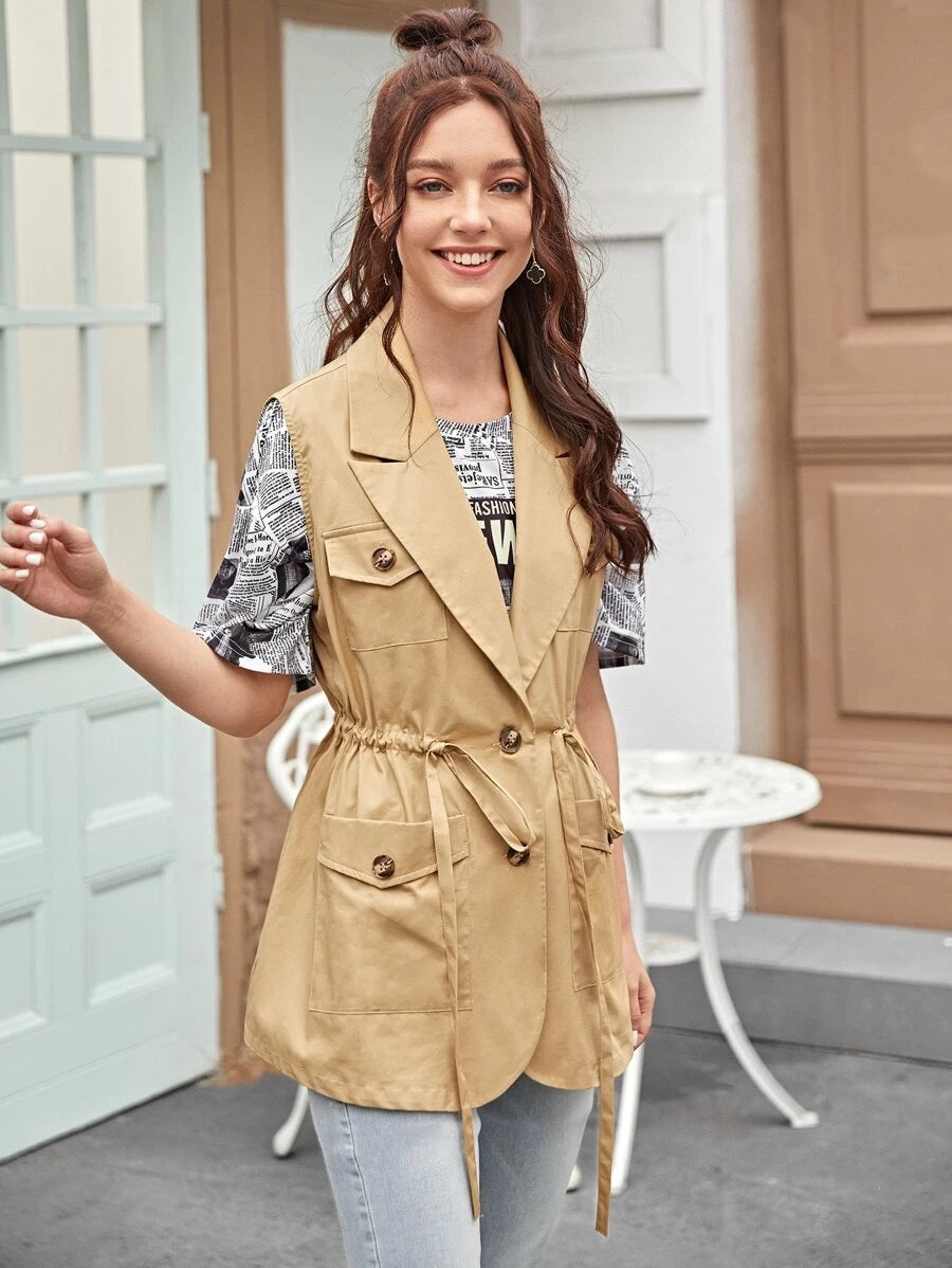 CM-CS130720 Women Casual Seoul Style Notched Collar Drawstring Waist Patch Pocket Vest - Khaki