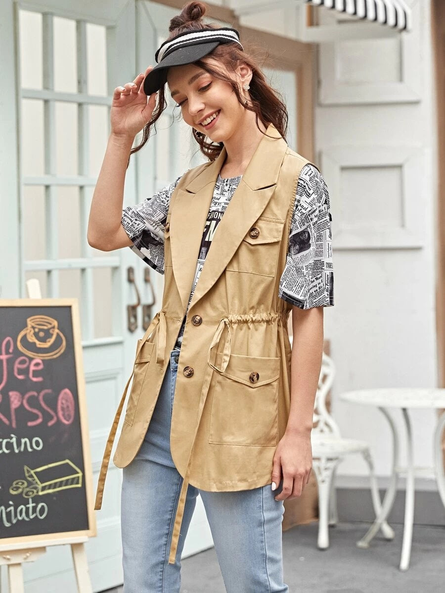 CM-CS130720 Women Casual Seoul Style Notched Collar Drawstring Waist Patch Pocket Vest - Khaki