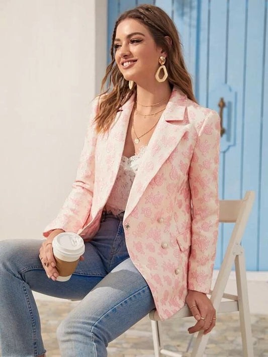 CM-CS112639 Women Elegant Seoul Style Asymmetric Buttoned Placket Floral Jacquard Blazer - Pink
