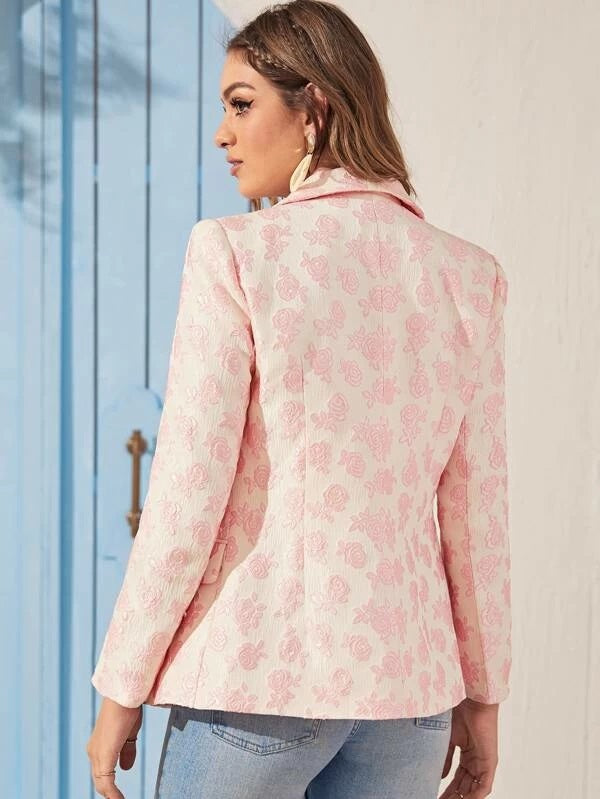 CM-CS112639 Women Elegant Seoul Style Asymmetric Buttoned Placket Floral Jacquard Blazer - Pink