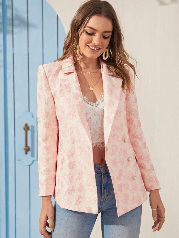 CM-CS112639 Women Elegant Seoul Style Asymmetric Buttoned Placket Floral Jacquard Blazer - Pink