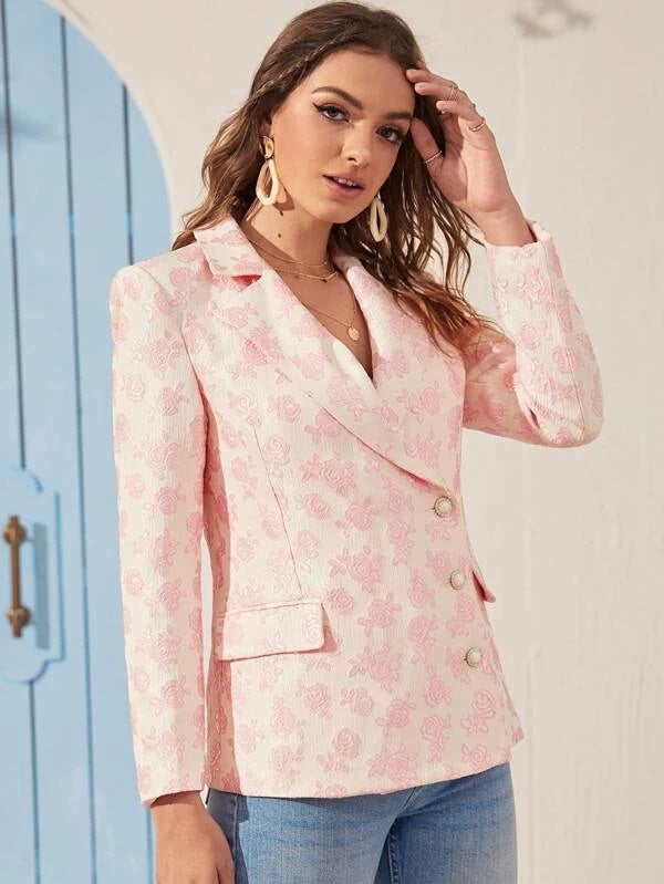 CM-CS112639 Women Elegant Seoul Style Asymmetric Buttoned Placket Floral Jacquard Blazer - Pink