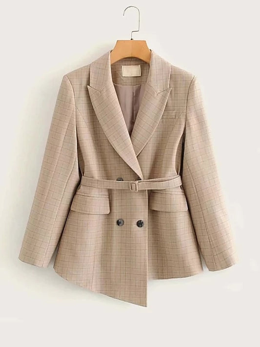 CM-CS226092 Women Elegant Seoul Style Belted Double Pocket Asymmetrical Hem Blazer - Khaki