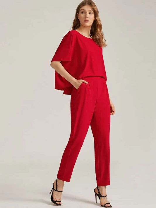 CM-JS127003 Women Elegant Seoul Style V-Back Slant Pocket Fold Pleated Detail Layered Jumpsuit