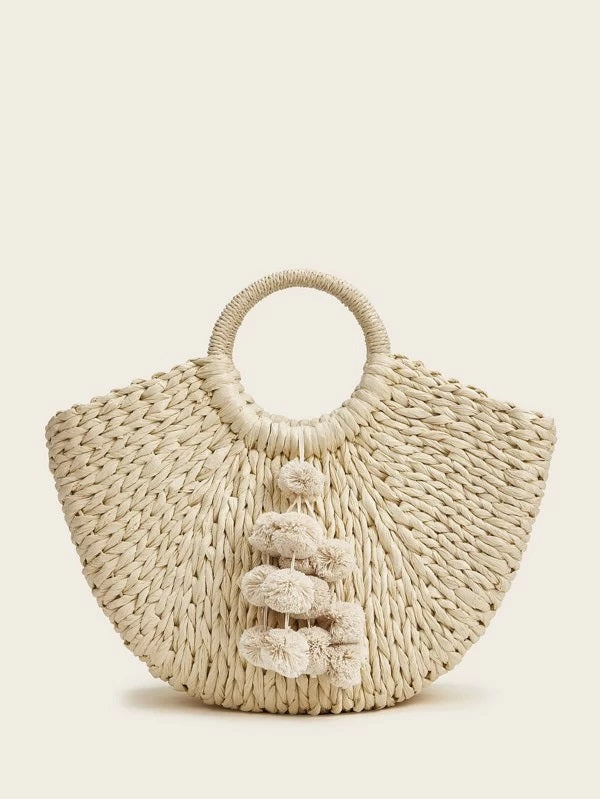 CM-BGS225454 Women Trendy Bohemian Style Pom-Pom Ring Handle Woven Bag - Khaki