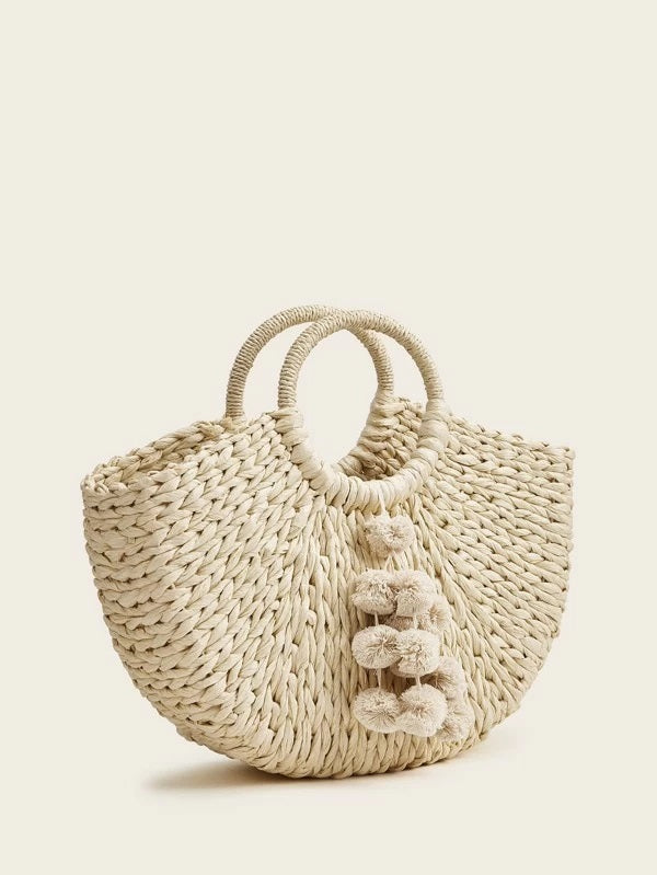 CM-BGS225454 Women Trendy Bohemian Style Pom-Pom Ring Handle Woven Bag - Khaki