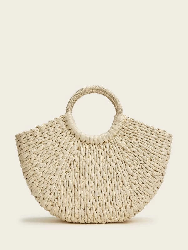 CM-BGS225454 Women Trendy Bohemian Style Pom-Pom Ring Handle Woven Bag - Khaki