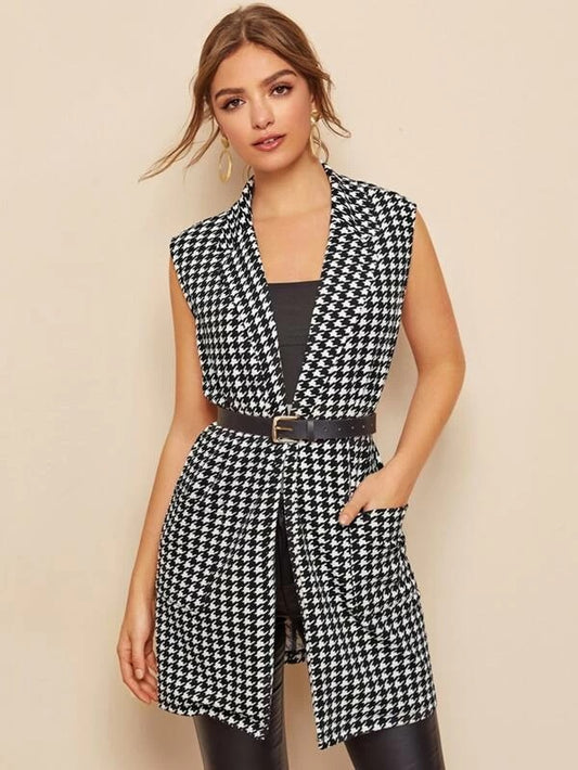 CM-CS113460 Women Casual Seoul Style Sleeveless Notched Collar Houndstooth Vest - Black